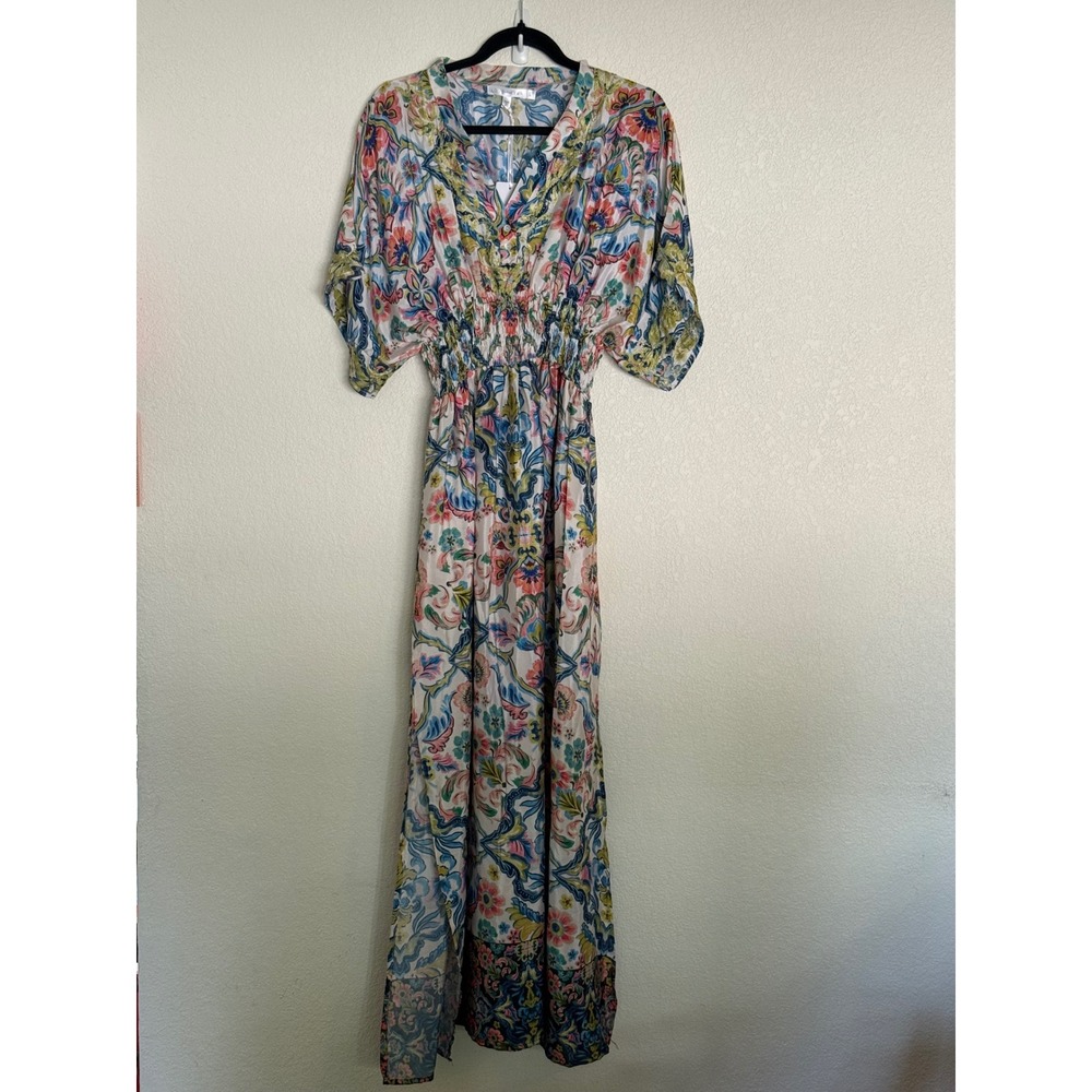 Love by Kyla Mia Floral Poly Silk Maxi Dress Embroidered Smocked Waist Large NWT